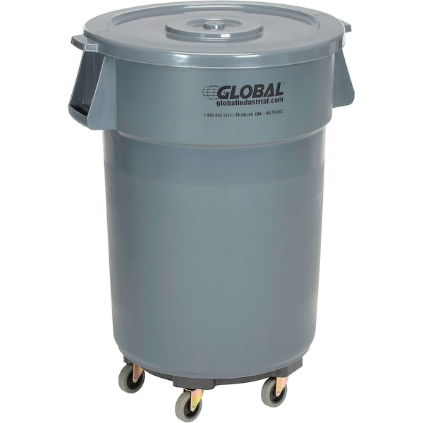 Global Industrial Plastic Trash Can with Lid & Dolly, 44 Gallon Gray 240462GYB - main